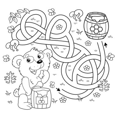 Labirent ya da Labirent Oyunu. Bulmaca. Karışık yol. Çizgi film karakteri, bal fıçısıyla küçük ayı yavrusu. Çocuklar için boyama kitabı.