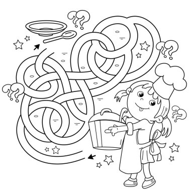 Labirent ya da Labirent Oyunu. Bulmaca. Karışık yol. Çizgi filmdeki büyük tencereli kız şefin boyama sayfası. Küçük bir aşçı ya da sincap. Mesleğiniz. Çocuklar için boyama kitabı.
