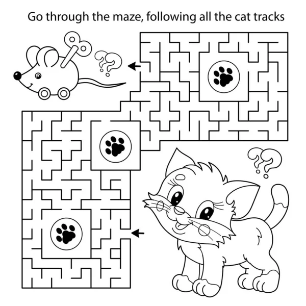 Maze Labyrinth Game Puzzle Coloring Page Outline Cartoon Little Cat — Stock Vector