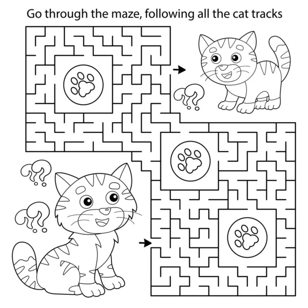 Maze Labyrinth Game Puzzle Coloring Page Outline Cartoon Cat Kitten — Stock Vector