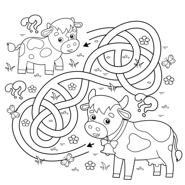 迷宫或迷宫游戏 交通堵塞 小牛犊卡通奶牛的彩色页面轮廓 农场动物和它们的幼崽在一起儿童彩色书 — 图库矢量图片