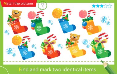 Find and mark two identical items. Puzzle for kids. Matching game, education game for children. Color image of Christmas Socks, Christmas boots with gifts, toys and sweets. Worksheet for preschoolers