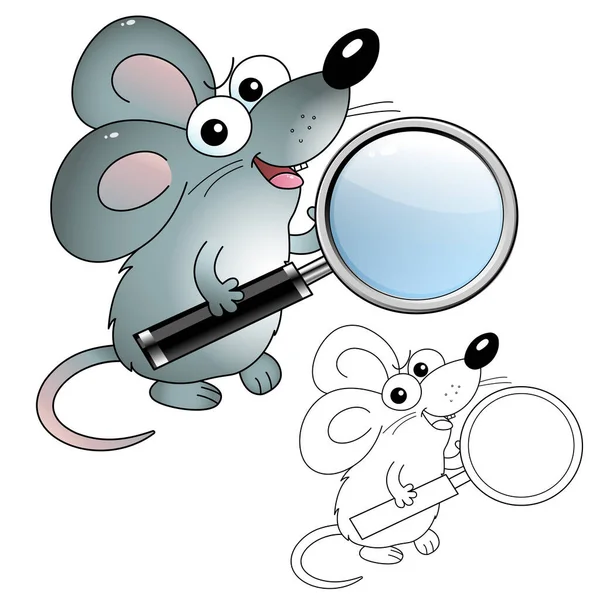Coloring Page Outline Cartoon Funny Mouse Loupe Little Detective Explorer — Stock Vector
