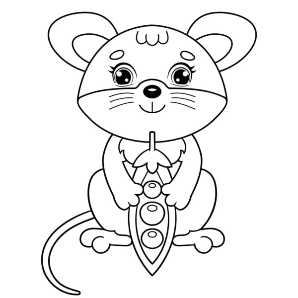 配上豌豆豆荚的卡通小老鼠的彩色页面轮廓 儿童彩色书 — 图库矢量图片