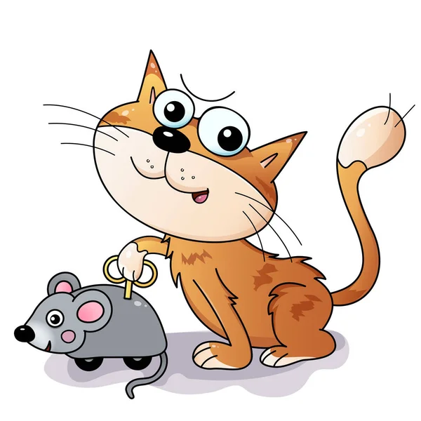 おもちゃの時計マウスと漫画の赤い猫 子供のためのカラフルなベクトルイラスト — ストックベクタ