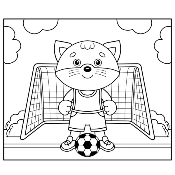 Färgläggning Sida Kontur Tecknad Liten Katt Spelar Fotboll Fotbollsmatch Målarbok — Stock vektor
