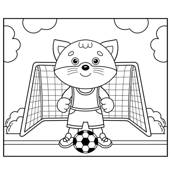 Coloriage Aperçu Dessin Animé Petit Chat Jouant Football Jeu Football — Image vectorielle