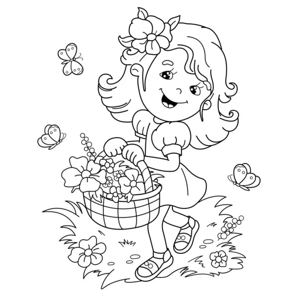 ぬりえページ概要花のバスケットを持つ漫画の女の子の概要 夏のアクティビティ 子供のためのぬり絵 — ストックベクタ