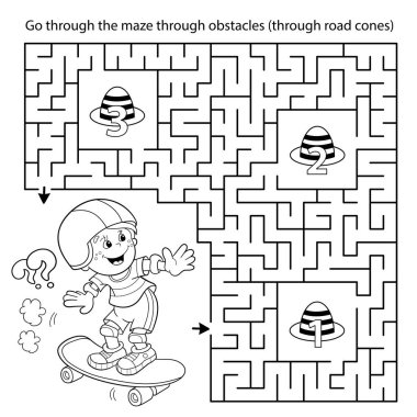 Labirent ya da Labirent Oyunu. Bulmaca. Kaykaylı çizgi film karakterinin boyama sayfası. Spor aktivitesi. Çocuklar için boyama kitabı.