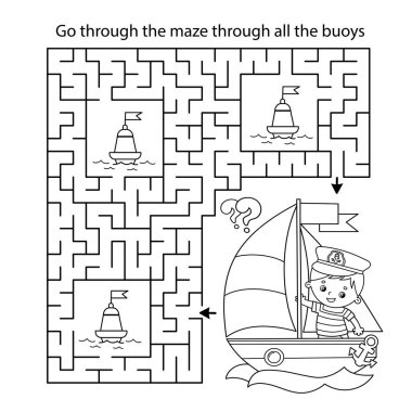 Labirent ya da Labirent Oyunu. Bulmaca. Denizciyle karikatür yelkenli gemisinin rengarenk sayfası. Mesleğiniz. Çocuklar için boyama kitabı. Çocuklar için boyama kitabı.