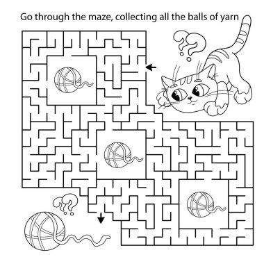 Labirent ya da Labirent Oyunu. Bulmaca. Çizgi film kedisinin iplik yumağıyla boyama sayfası. Çocuklar için boyama kitabı.