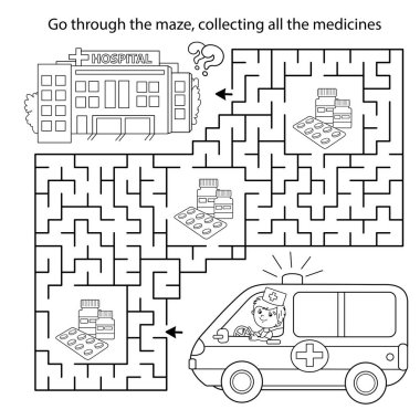 Labirent ya da Labirent Oyunu. Bulmaca. Hastanenin yakınında ambulans arabası olan çizgi film doktorunun ana hatlarını boyamak. Çocuklar için boyama kitabı.