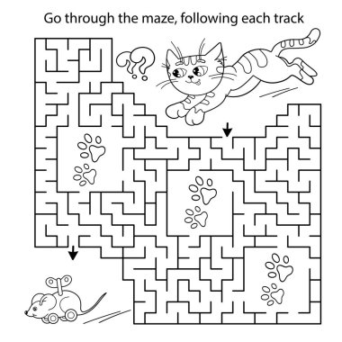 Labirent ya da Labirent Oyunu. Bulmaca. Oyuncak fareli küçük bir kedinin çizgi film ana hatlarını boyama. Çocuklar için boyama kitabı.