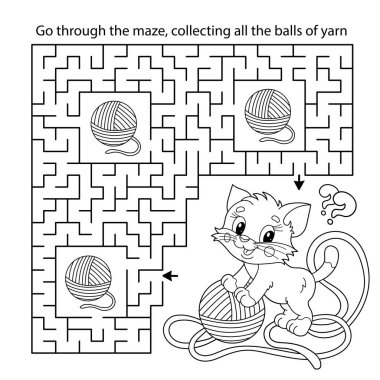 Labirent ya da Labirent Oyunu. Bulmaca. Çizgi film kedisinin iplik yumağıyla boyama sayfası. Çocuklar için boyama kitabı.