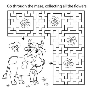 Labirent ya da Labirent Oyunu. Bulmaca. Çanı olan çizgi film ineğinin ana hatlarını boyamak. Çiçek toplayın. Çocuklar için boyama kitabı.