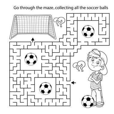 Labirent ya da Labirent Oyunu. Bulmaca. Futbol toplu çizgi film karakterinin ana hatlarını boyamak. Futbol mu? Spor aktivitesi. Çocuklar için boyama kitabı.