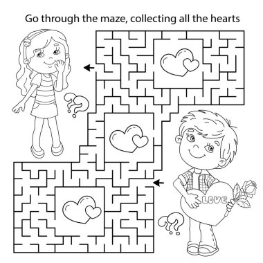 Labirent ya da Labirent Oyunu. Bulmaca. Kalbi ve tatlı bir kızı olan çizgi film karakterinin ana hatlarını boyamak. Sevgililer Günü. Çocuklar için boyama kitabı.