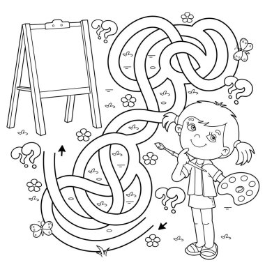 Labirent ya da Labirent Oyunu. Bulmaca. Karışık yol. Boyalı ve fırçalı çizgi film kızlarının ana hatlarını boyamak. Şövaleli küçük bir sanatçı. Çocuklar için boyama kitabı.