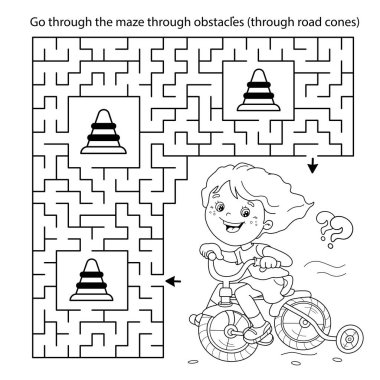 Labirent ya da Labirent Oyunu. Bulmaca. Bisikletli ya da bisikletli çizgi film kızlarının ana hatlarını boyamak. Spor aktivitesi. Çocuklar için boyama kitabı.