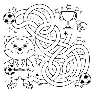 Labirent ya da Labirent Oyunu. Bulmaca. Karışık yol. Futbol topuyla çizgi film kedisinin ana hatlarını boyamak. Futbol mu? Spor aktivitesi. Çocuklar için boyama kitabı.