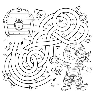 Labirent ya da Labirent Oyunu. Bulmaca. Karışık yol. Define sandığı olan küçük korsan çizgi filminin ana hatları. Çocuklar için boyama kitabı.