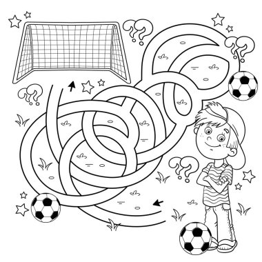 Labirent ya da Labirent Oyunu. Bulmaca. Karışık yol. Futbol toplu çizgi film karakterinin ana hatlarını boyamak. Futbol mu? Spor aktivitesi. Çocuklar için boyama kitabı.