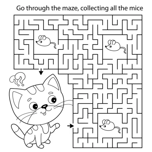 Maze Labyrinth Game Puzzle Coloring Page Outline Cartoon Little Cat — Stock Vector