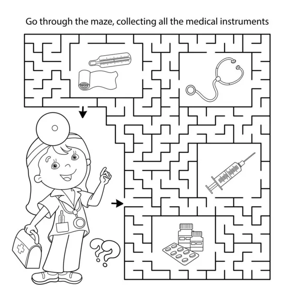Labyrinth Oder Labyrinth Spiel Puzzle Malvorlagen Umriss Der Karikatur Doktor — Stockvektor