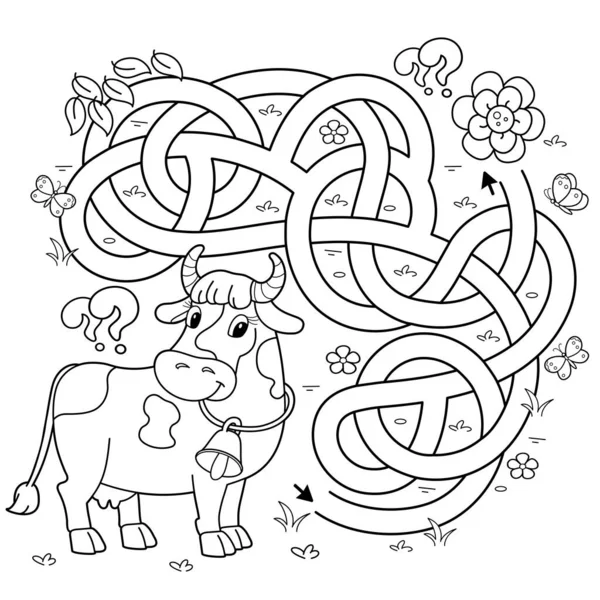 迷宫或迷宫游戏 交通堵塞 带有铃铛的卡通奶牛的彩色页面轮廓 收集花 儿童彩色书 — 图库矢量图片