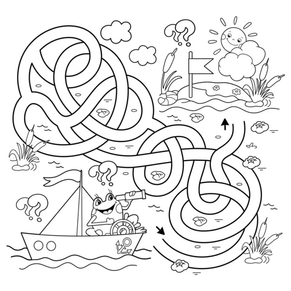 迷宫或迷宫游戏 交通堵塞 在船上的卡通人物 有趣的青蛙 小水手儿童彩色书 — 图库矢量图片