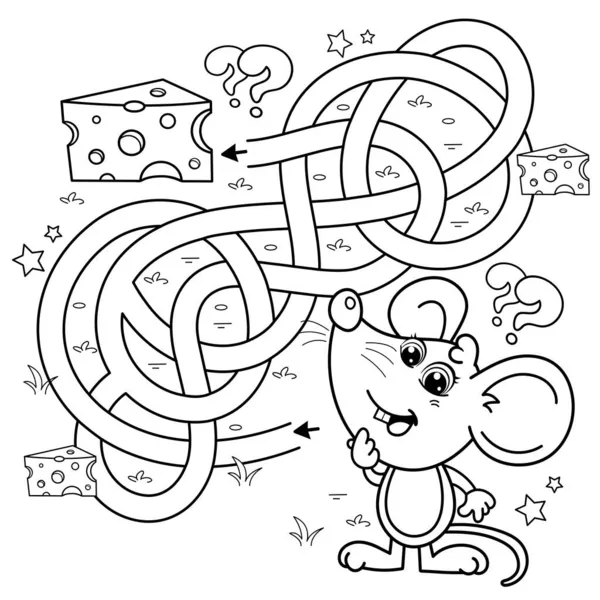 迷路や迷路ゲーム パズルだ 絡まった道だ ぬりえページ概要チーズと漫画楽しいマウスの概要 子供のためのぬり絵 — ストックベクタ