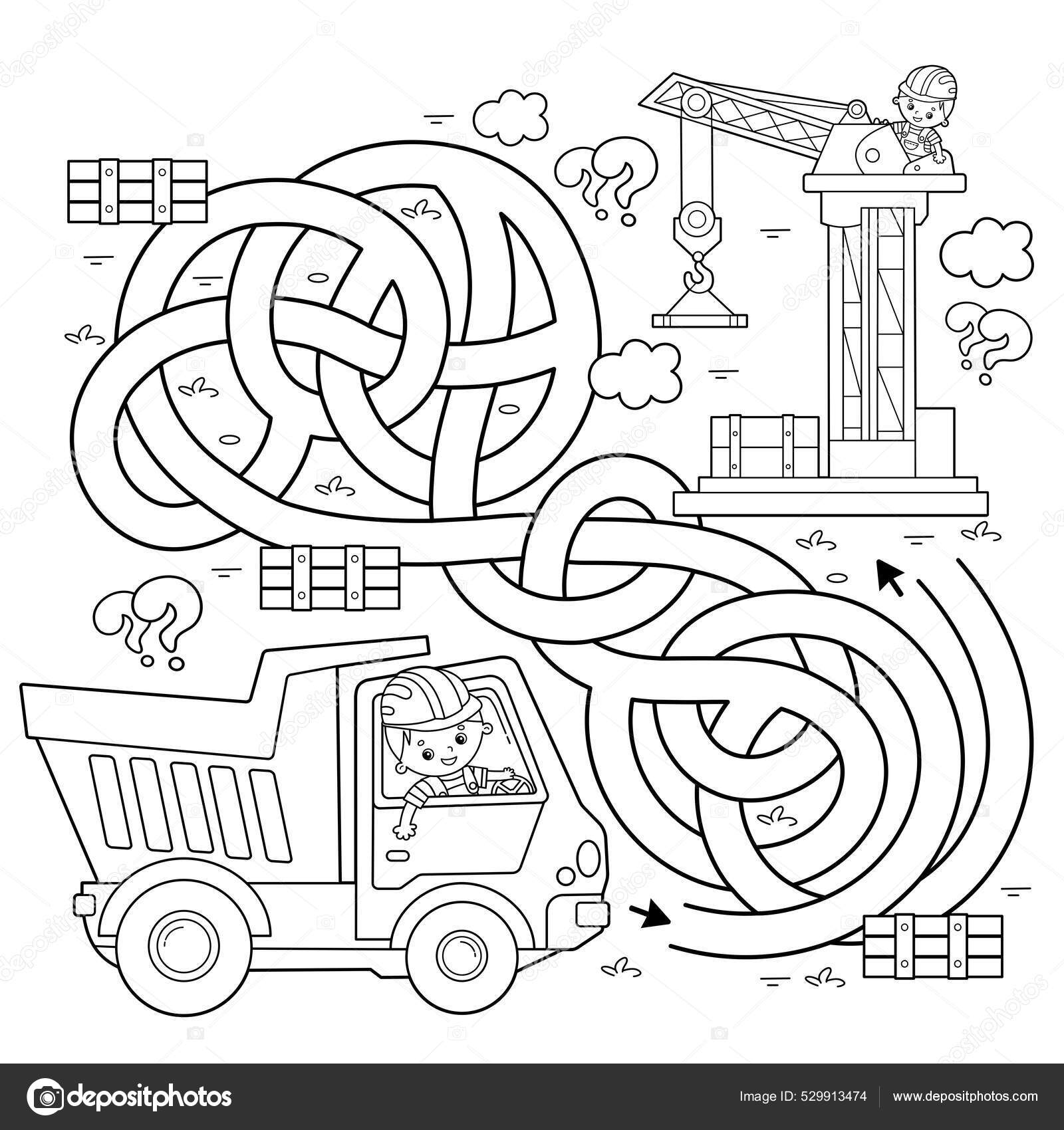 Labyrinthe Jeu Labyrinthe Puzzle Route Embrouillée Coloriage Aperçu Camion  Dessin Vecteur par ©Oleon17 529913474