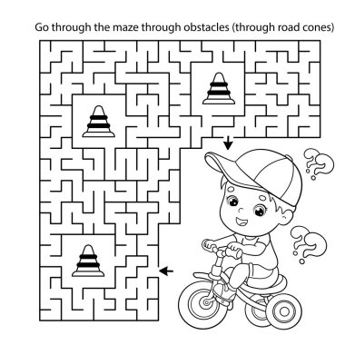 Labirent ya da Labirent Oyunu. Bulmaca. Bisikletli ya da bisikletli çizgi film karakteri. Spor aktivitesi. Çocuklar için boyama kitabı.