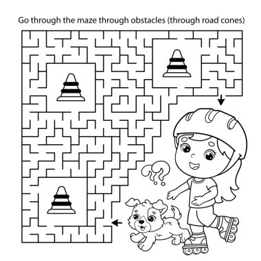 Labirent ya da Labirent Oyunu. Bulmaca. Renklendirme Sayfası Çizgi filminde köpek ile paten kayan kız. Spor aktivitesi. Çocuklar için boyama kitabı.
