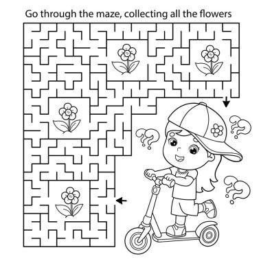 Labirent ya da Labirent Oyunu. Bulmaca. Scooter 'ı olan çizgi film kızlarının ana hatlarını boyamak. Spor aktivitesi. Çocuklar için boyama kitabı.