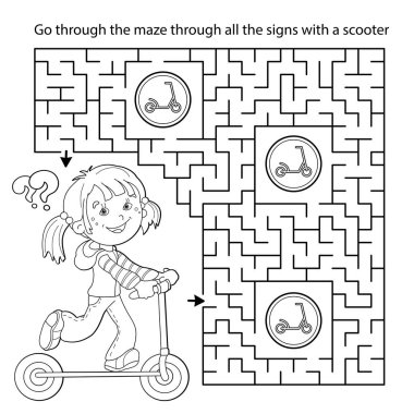 Labirent ya da Labirent Oyunu. Bulmaca. Scooter 'ı olan çizgi film kızlarının ana hatlarını boyamak. Spor aktivitesi. Çocuklar için boyama kitabı.
