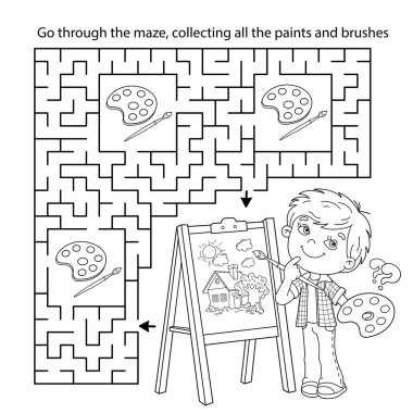 Labirent ya da Labirent Oyunu. Bulmaca. Boyalı ve fırçalı çizgi film karakterinin ana hatları. Şövaleli küçük bir sanatçı. Çocuklar için boyama kitabı.