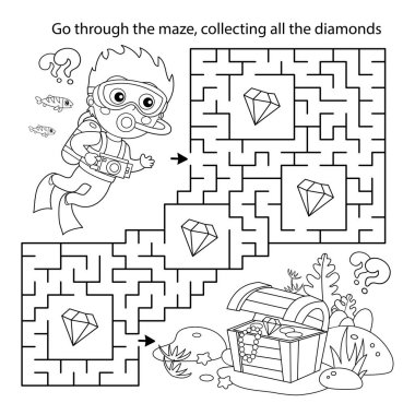 Labirent ya da Labirent Oyunu. Bulmaca. Çizgi film çocuğu dalgıcın sandık dolusu hazinesiyle renklendirme sayfası. Deniz fotoğrafçılığı ya da çekim. Su altı dünyası. Çocuklar için boyama kitabı.