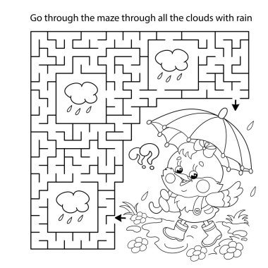 Labirent ya da Labirent Oyunu. Bulmaca. Çizgi filmdeki küçük pilicin ya da yağmurda şemsiyeli tavuğun ana hatlarını boyamak. Çocuklar için boyama kitabı.