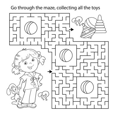 Labirent ya da Labirent Oyunu. Bulmaca. Çizgi filmdeki oyuncaklı kızın ana hatlarını boyamak. Çocuklar için boyama kitabı.