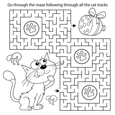 Labirent ya da Labirent Oyunu. Bulmaca. Sosisli çizgi film kedisinin boyama sayfası. Çocuklar için boyama kitabı.