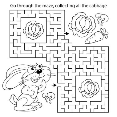 Labirent ya da Labirent Oyunu. Bulmaca. Çizgi filmdeki küçük tavşanın ya da havuçlu ve lahanalı tavşanın ana benzetmesi. Çocuklar için boyama kitabı.