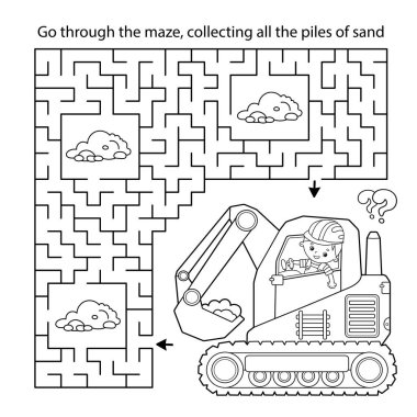 Labirent ya da Labirent Oyunu. Bulmaca. Çizgi film sürüngen kazıcısının renklendirme sayfası. İnşaat araçları. Mesleğiniz. Çocuklar için boyama kitabı.