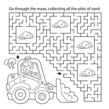 Labirent ya da Labirent Oyunu. Bulmaca. Çizgi film buldozerinin boyama sayfası. İnşaat araçları. Mesleğiniz. Çocuklar için boyama kitabı.