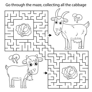 Labirent ya da Labirent Oyunu. Bulmaca. Keçili ya da çocuklu çizgi film keçisinin ana hatlarını boyamak. Yavrularıyla birlikte çiftlik hayvanları. Çocuklar için boyama kitabı.