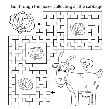 Labirent ya da Labirent Oyunu. Bulmaca. Lahanalı çizgi film keçisinin ana hatlarını boyamak. Çiftlik hayvanları. Çocuklar için boyama kitabı.