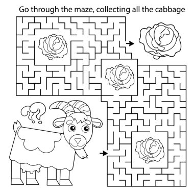 Labirent ya da Labirent Oyunu. Bulmaca. Lahanalı çizgi film keçisinin ana hatlarını boyamak. Çiftlik hayvanları. Çocuklar için boyama kitabı.