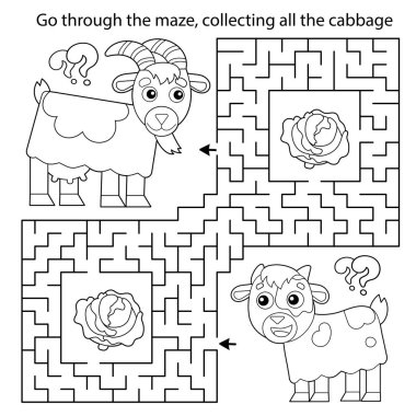 Labirent ya da Labirent Oyunu. Bulmaca. Keçili ya da çocuklu çizgi film keçisinin ana hatlarını boyamak. Yavrularıyla birlikte çiftlik hayvanları. Çocuklar için boyama kitabı.