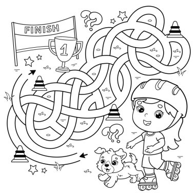 Labirent ya da Labirent Oyunu. Bulmaca. Karışık yol. Renklendirme Sayfası Çizgi filminde köpek ile paten kayan kız. Spor aktivitesi. Çocuklar için boyama kitabı.