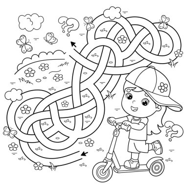 Labirent ya da Labirent Oyunu. Bulmaca. Karışık yol. Scooter 'ı olan çizgi film kızlarının ana hatlarını boyamak. Spor aktivitesi. Çocuklar için boyama kitabı.